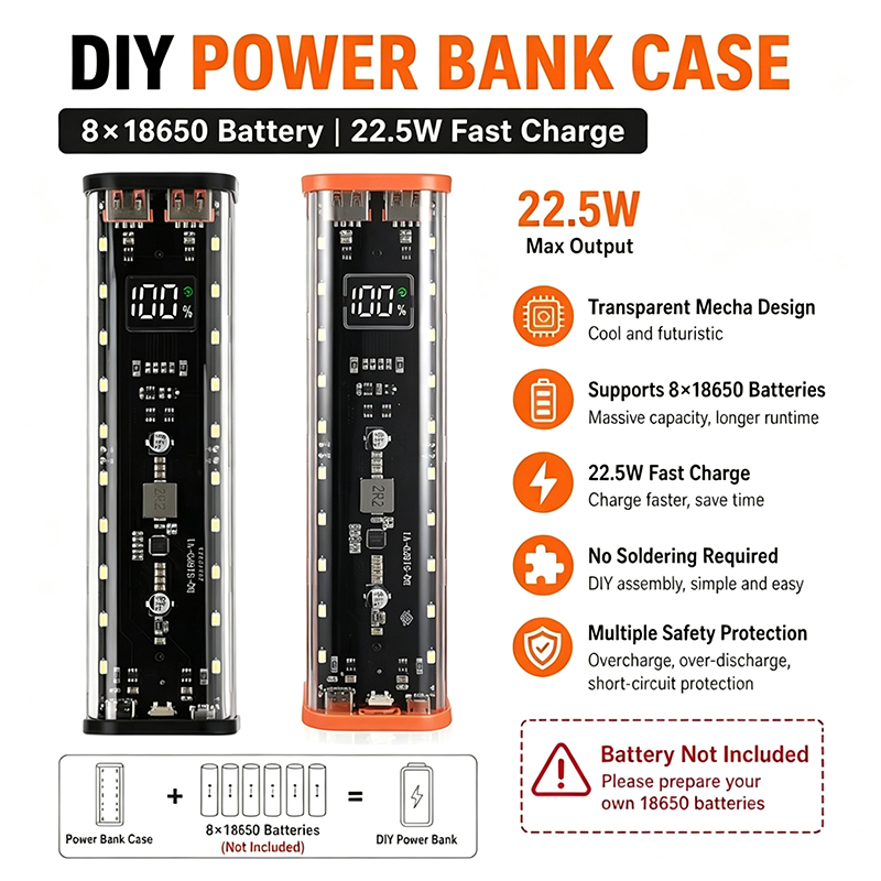 Power Banks - ดีไซน์พอร์ต USB Type C กล่องแบตเตอรี่สำรอง 8X18650