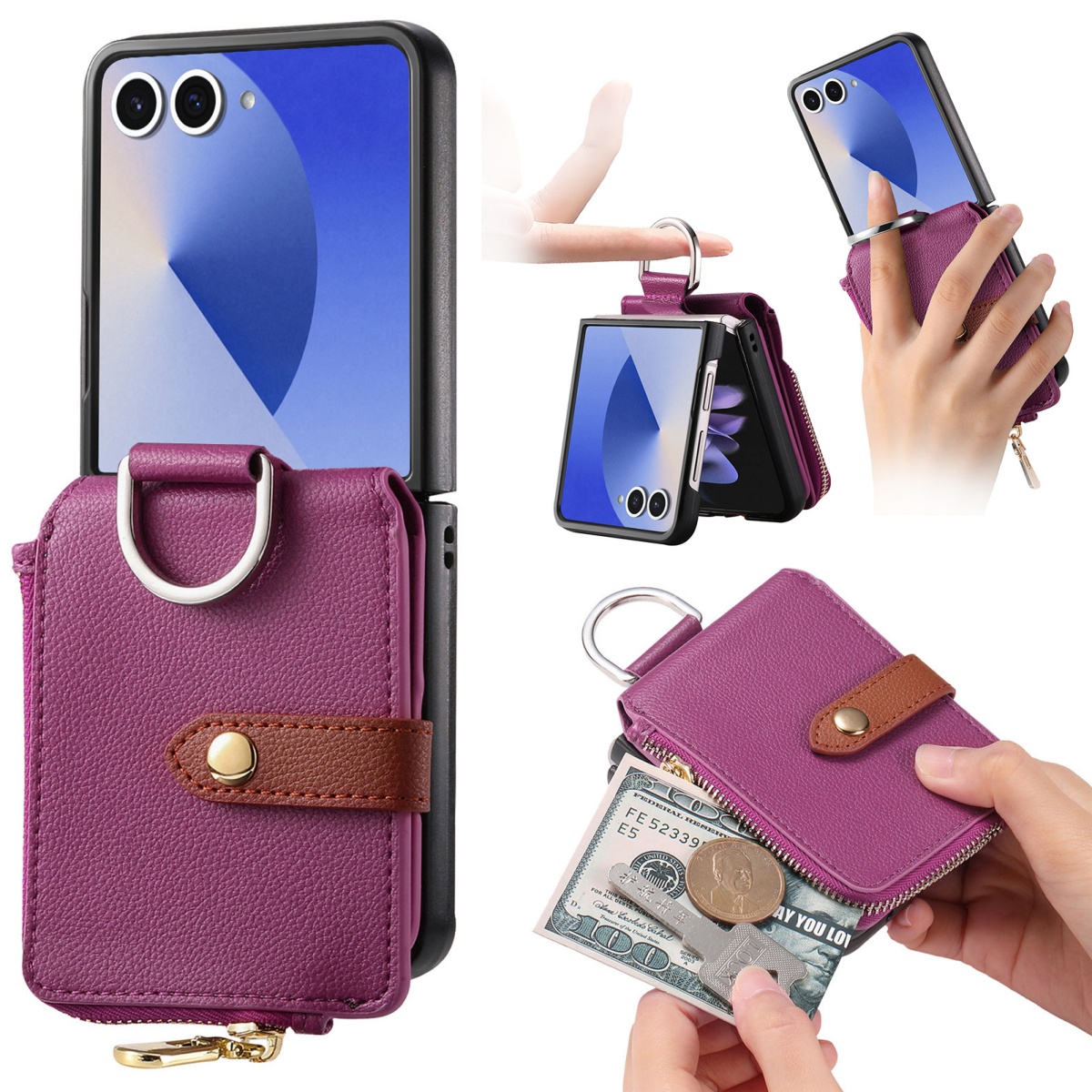 Leather Wallet Card Holder Phone Cover - เคสโทรศัพท์แบบมีช่องใส่บัตรสุดหรูสำหรับ Samsung Galaxy Z Flip 8